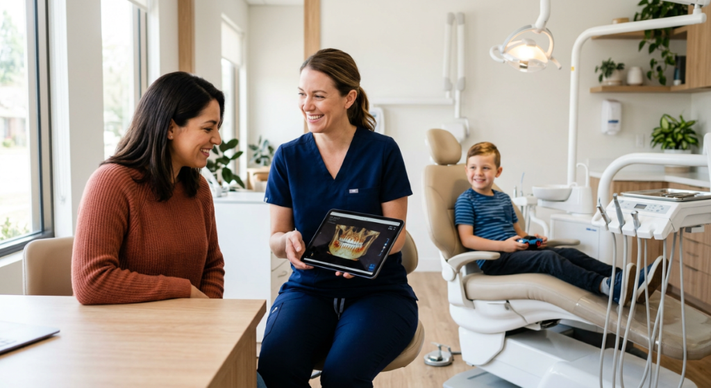 Family dentistry in Mississauga with a dentist showing an educational 3D jaw scan to a mother and her child during a routine checkup.