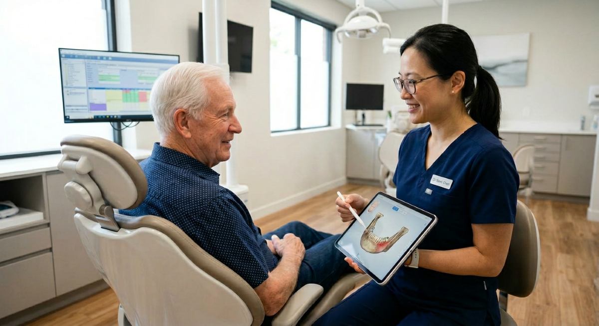  Family dentist in Mississauga showing a 3D dental scan to a senior patient to discuss long-term oral health. 