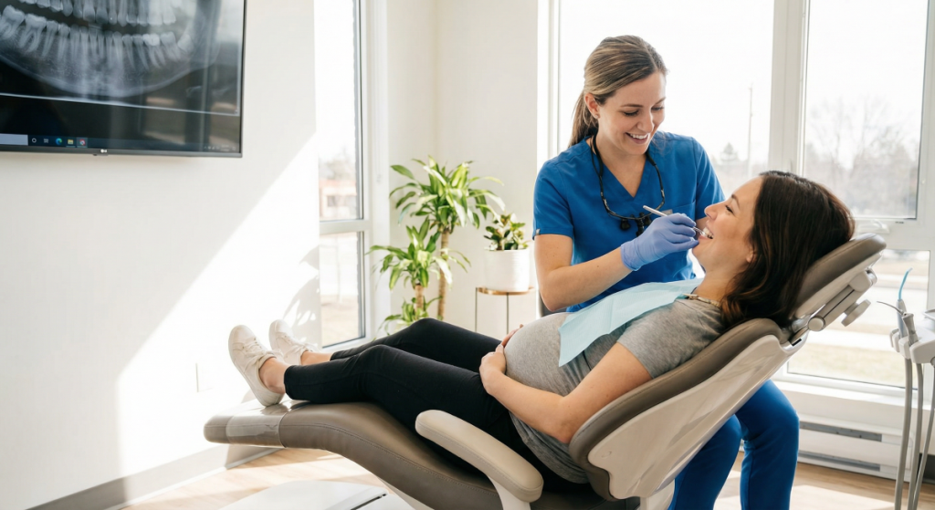 Dental hygienist performing a pregnancy dental cleaning for an expectant mother at Mississauga Smiles Dentistry in Mississauga.