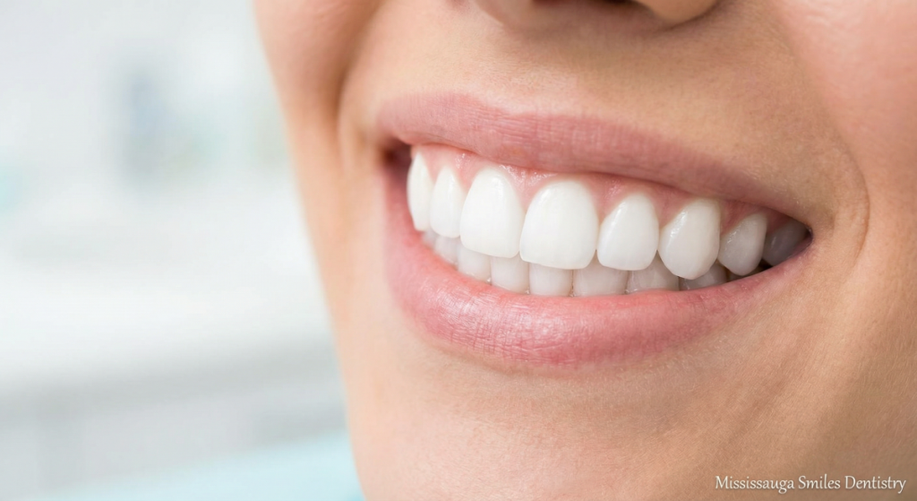 Close-up of a bright white smile after safe postpartum teeth whitening treatment at Mississauga Smiles Dentistry in Mississauga.