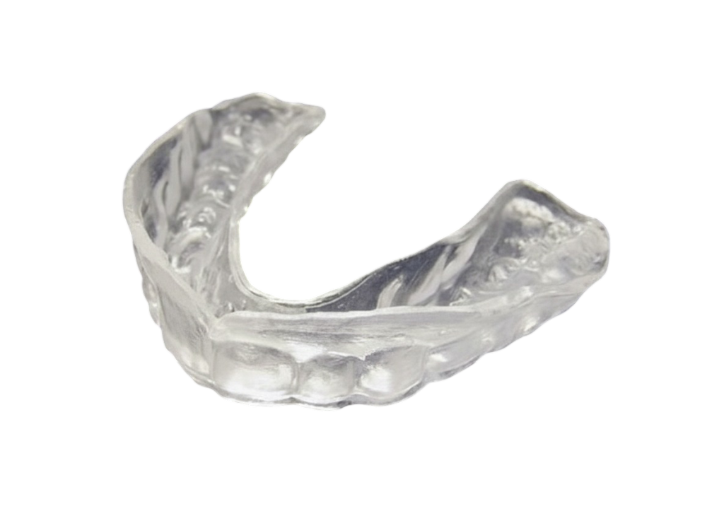 Close-up of a high-quality, transparent Night Guard used to treat bruxism (teeth grinding). Mississauga Smiles Dentistry, Mississauga.