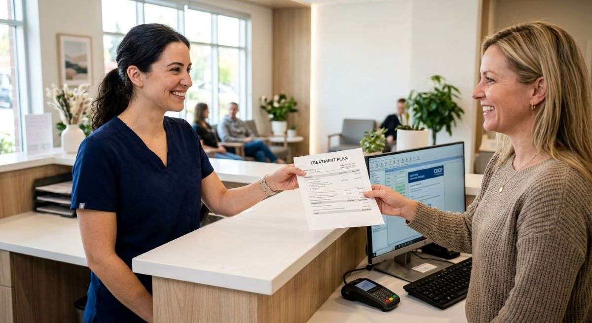 Patient reviewing affordable family dentistry costs and CDCP coverage at a Mississauga dental clinic. 