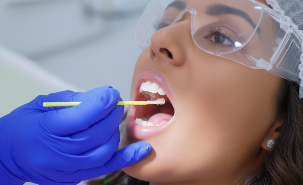 A dentist applying a professional Fluoride Treatment in Mississauga to a young woman's teeth to strengthen enamel at Mississauga Smiles Dentistry.