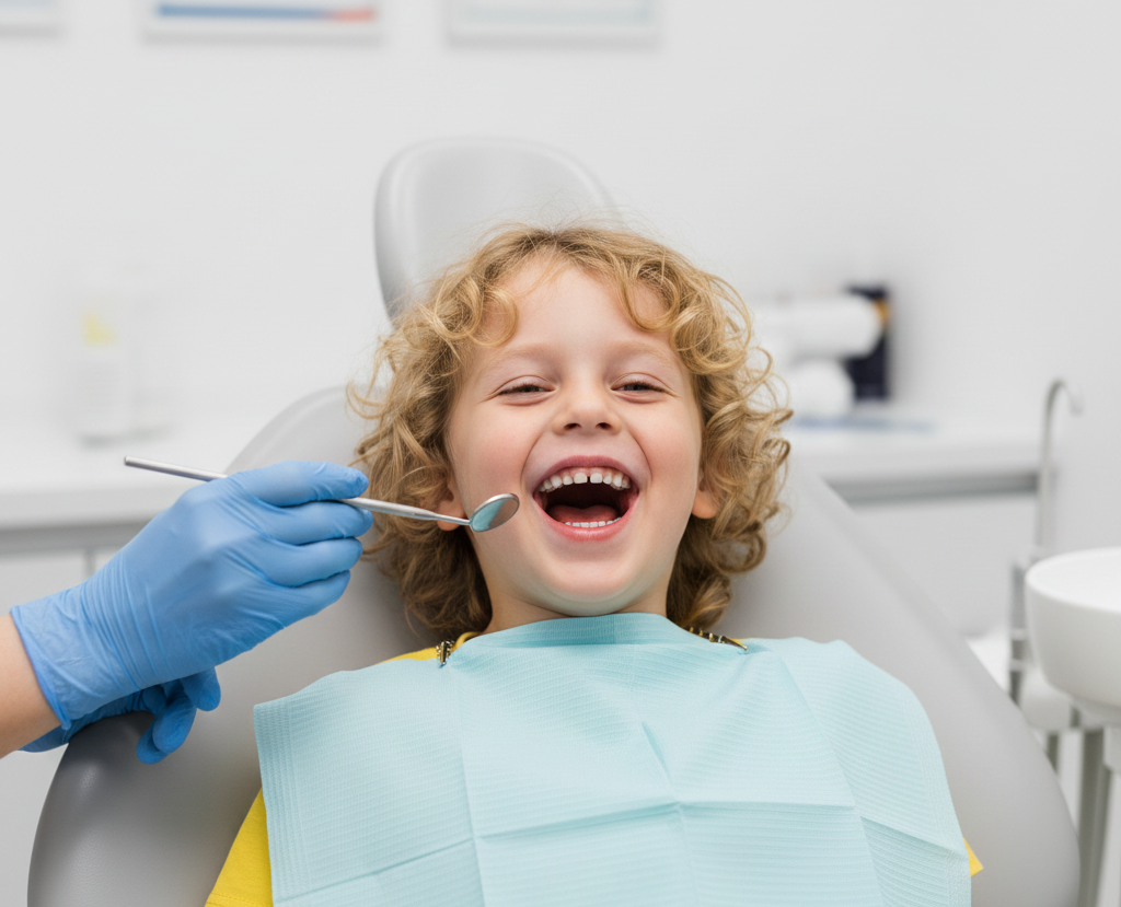 Child laughing while dentist checks teeth during the Dental Sealant procedure. Mississauga Smiles Dentistry, Mississauga.