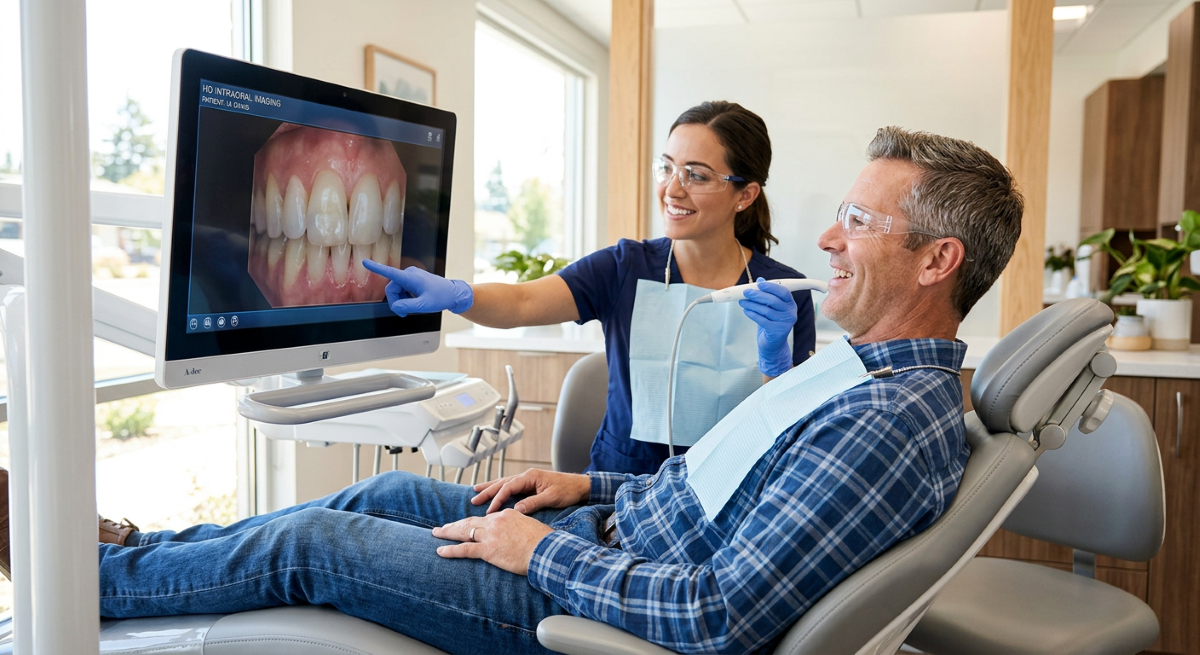 Anxious adult patient feeling relaxed and educated while a Mississauga dentist explains his treatment plan using a digital monitor. 