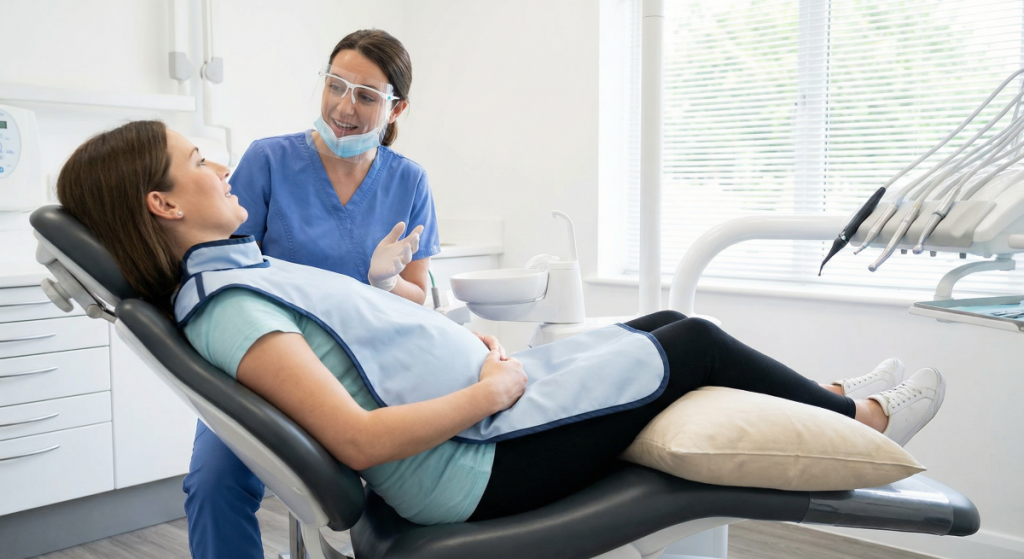 Dentist ensuring pregnant patient comfort with supportive seating and protective apron at Mississauga Smiles Dentistry in Mississauga.