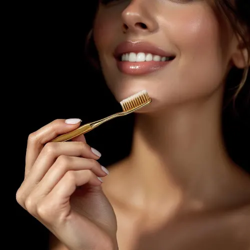 A woman smiling with a gold toothbrush