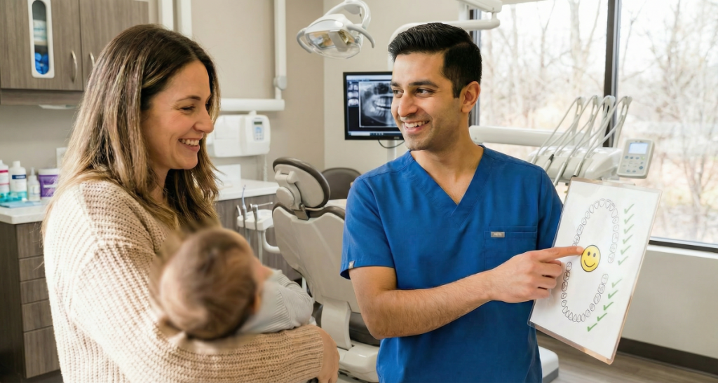 A mother smiling brightly during a postpartum dental consultation at Mississauga Smiles Dentistry. 