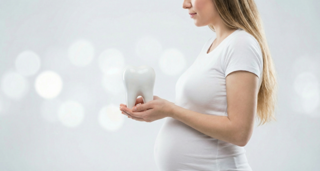 Pregnant woman holding a tooth model representing safe pregnancy dental care in Mississauga at Mississauga Smiles Dentistry.